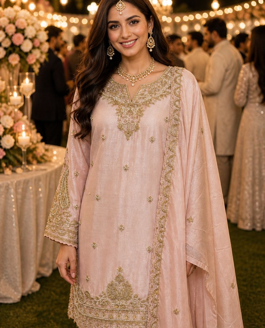 PINK - Chinon Silk Peach Party Wear Embroidery Work Readymade Plazzo Suit